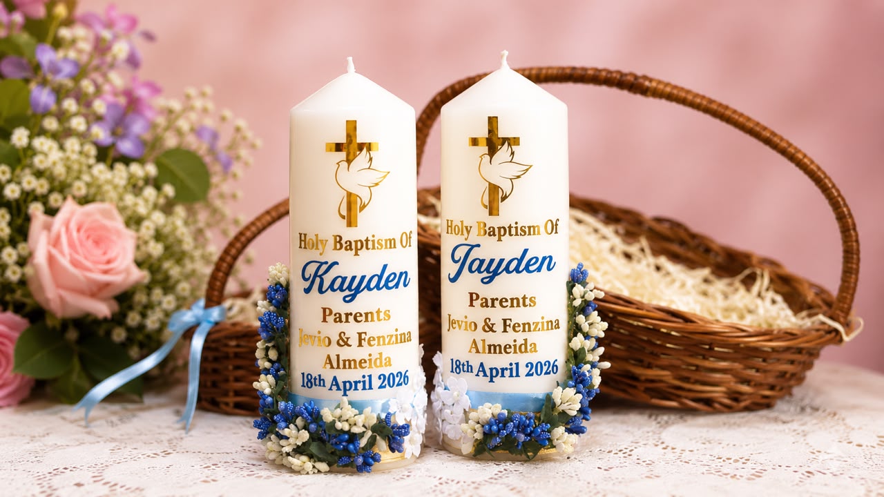 Matching pair of baptism candles for twins Kayden and Jayden with blue and white florals