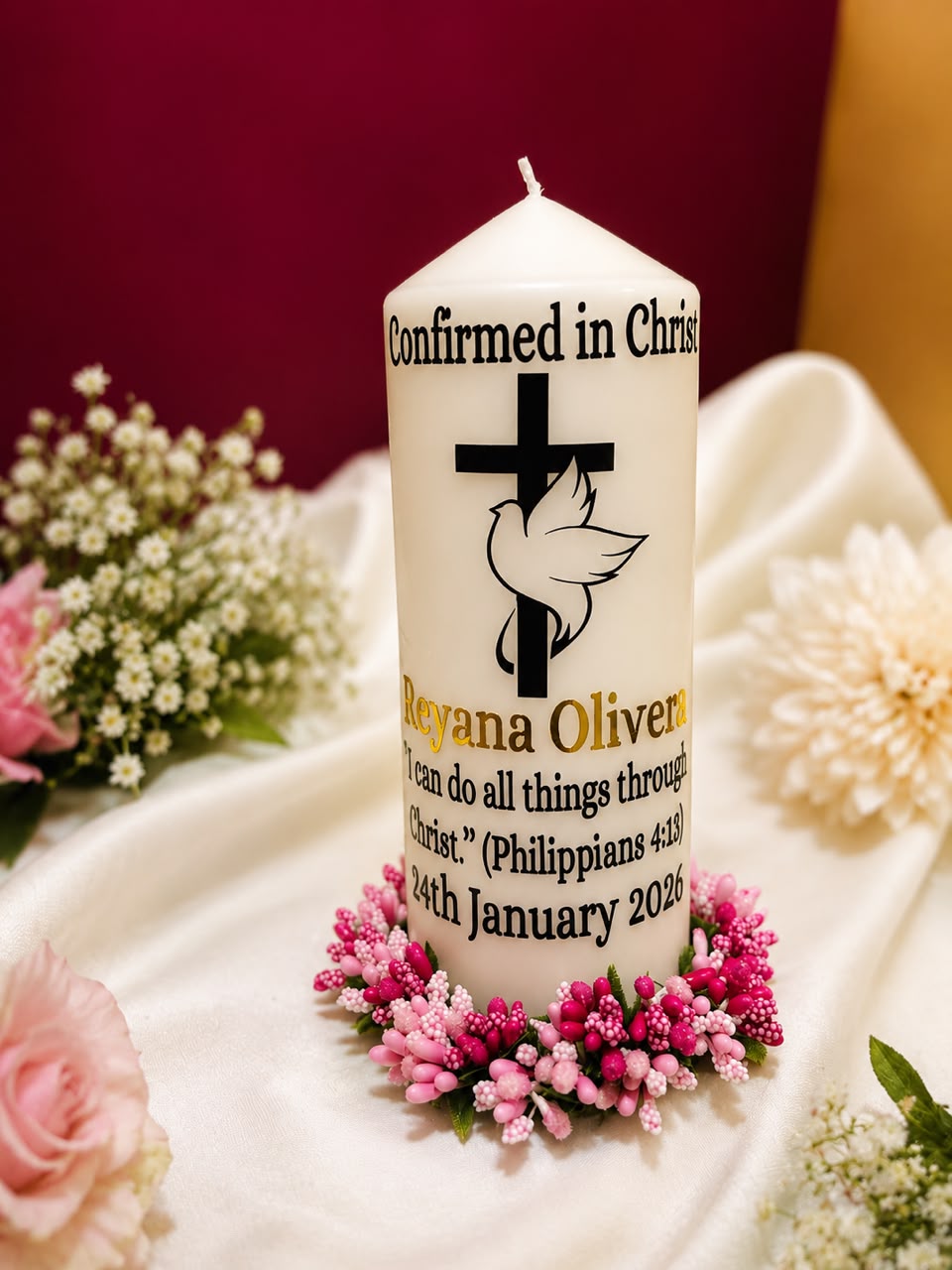 Confirmation candle for Reyana Olivera with cross, dove and scripture verse
